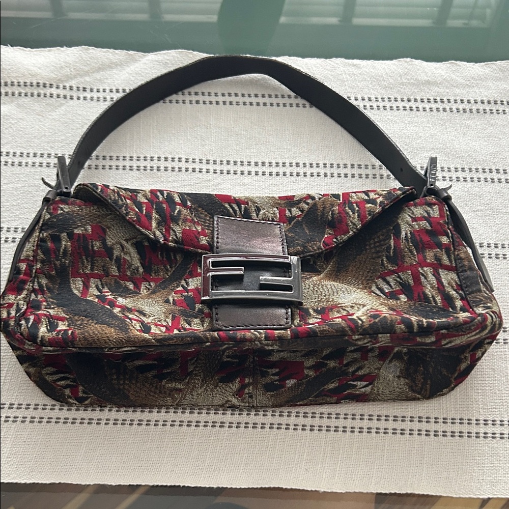 Authentic Fendi Bird Print Mama Baguette Red and Brown Patterned FF Falcon